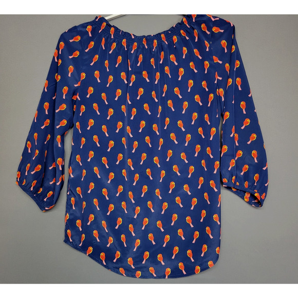 Old Navy Bird Print Button Top Womens S Blue Red Low V-Neck 3/4 Sleeve Whimsical - Picture 11 of 12